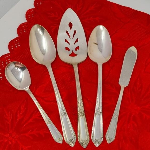 5X Serving Set COTILLION Rogers Vintage Silverplate Flatware IS Pie Spoons Sugar - Picture 2 of 8